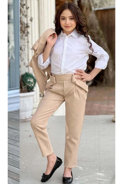 Kız Çocuk Gümüş Düğme Detaylı Yelek Gabardin Beyaz Gömlek Krem Alt Üst Takım - Resim 4