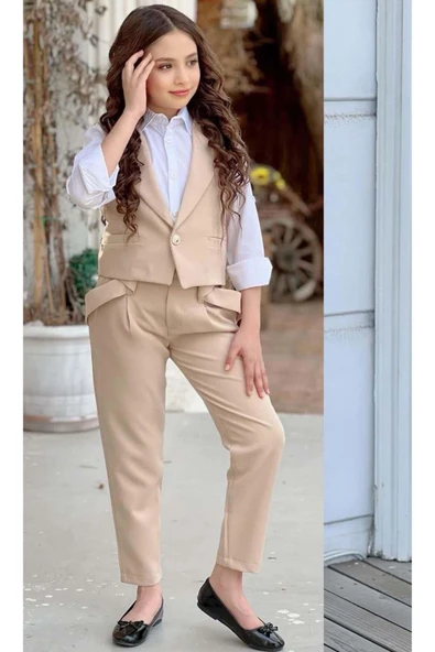 Kız Çocuk Gümüş Düğme Detaylı Yelek Gabardin Beyaz Gömlek Krem Alt Üst Takım - Resim 3