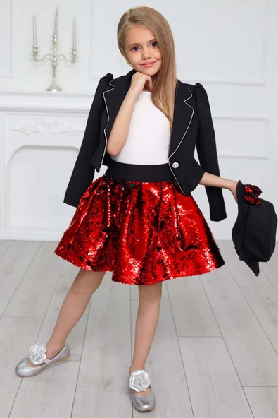 Kız Çocuk Kruvaze Yaka Kenarlar Taş Şerit İşlemeli Ceket Kırmızı Pullu Etekli Takım - Resim 2