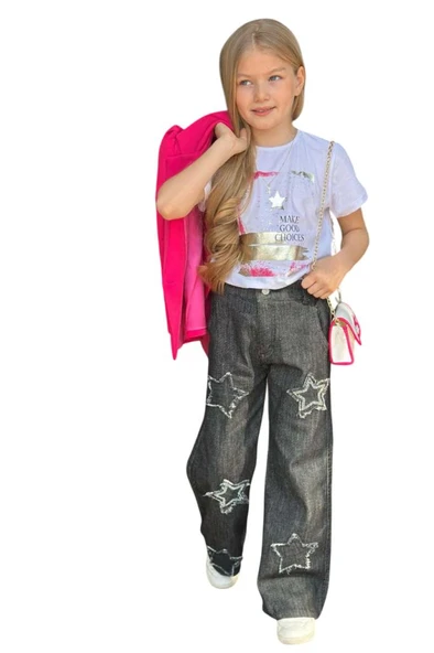Kız Çocuk Baskılı T-shirt Bol Kesim Yıldız Detaylı Jean Pantolon Fuşya Blazer Ceket Alt Üst Takım - 7