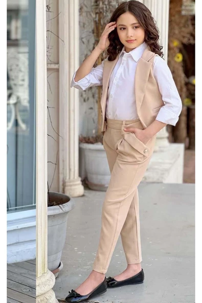 Kız Çocuk Gümüş Düğme Detaylı Yelek Gabardin Beyaz Gömlek Krem Alt Üst Takım - Resim 2