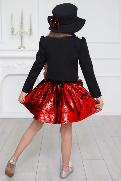 Kız Çocuk Kruvaze Yaka Kenarlar Taş Şerit İşlemeli Ceket Kırmızı Pullu Etekli Takım - Resim 4