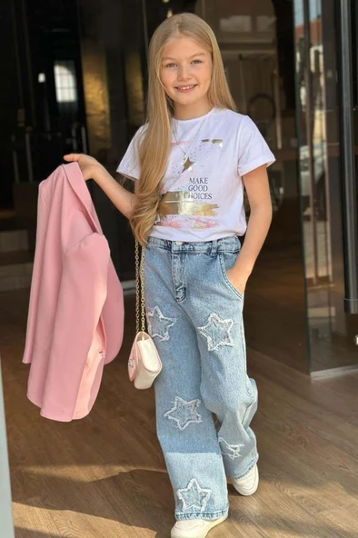 Kız Çocuk Baskılı T-shirt Bol Kesim Yıldız Detaylı Jean Pantolon Pudra Blazer Ceket Alt Üst Takım - 3