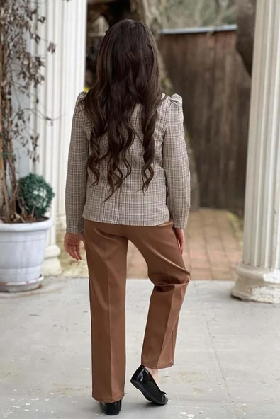 Kız Çocuk Yakası Açık Ve Taş Detaylı Bluz Ekose Çizgi Blazer Ceket Kemerli Taba Alt Üst Takım - Resim 4