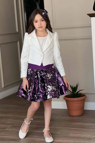 Kız Çocuk Kruvaze Yaka Kenarlar Taş Şerit İşlemeli Ceket Mor Pullu Etekli Takım ürün görseli