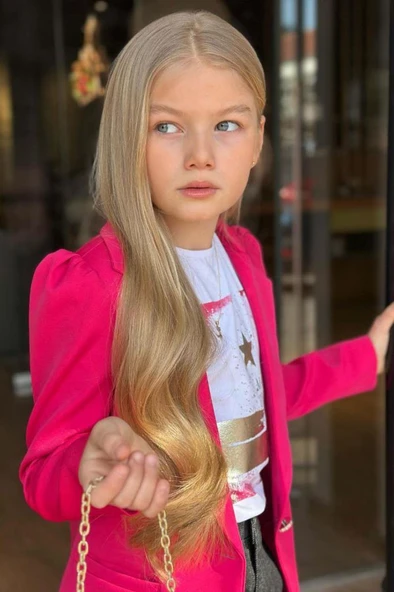 Kız Çocuk Baskılı T-shirt Bol Kesim Yıldız Detaylı Jean Pantolon Fuşya Blazer Ceket Alt Üst Takım - 5