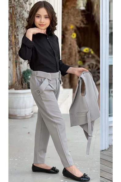 Kız Çocuk Gümüş Düğme Detaylı Yelek Gabardin Siyah Gömlek Gri Alt Üst Takım - Resim 3