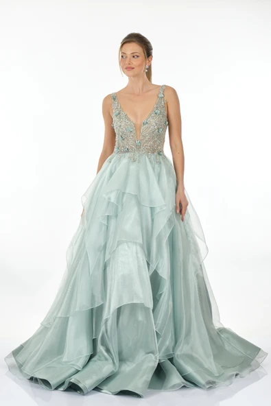 Alfa Beta İşlemeli Katlı Uzun Abiye Elbise 2314741 ürün görseli 1