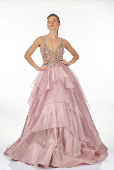 Alfa Beta İşlemeli Katlı Uzun Abiye Elbise 2314741 - Resim 2