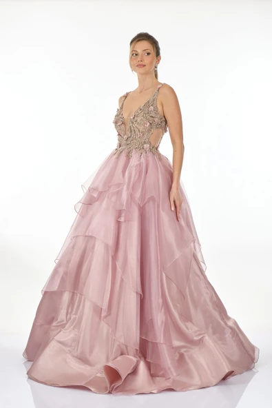 Alfa Beta İşlemeli Katlı Uzun Abiye Elbise 2314741 - Resim 4