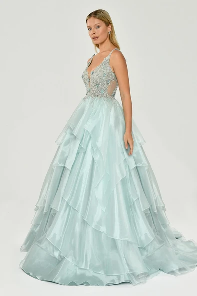 Alfa Beta İşlemeli Katlı Uzun Abiye Elbise 2314741 - Resim 9