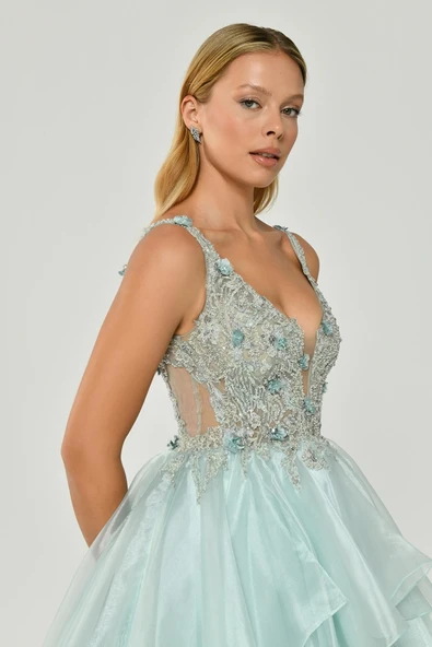 Alfa Beta İşlemeli Katlı Uzun Abiye Elbise 2314741 - Resim 8