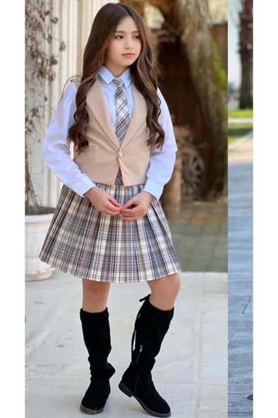 Kız Çocuk Gümüş Düğme Detaylı Krem Yelek Gabardin Gömlek Kravatlı Ekose Çizgili Etekli Takım - 3