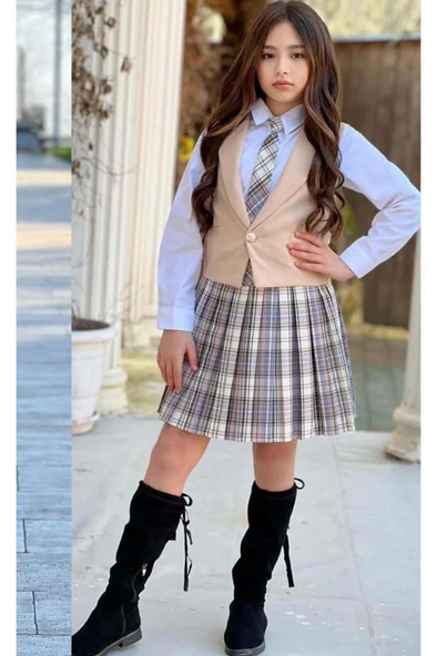 Kız Çocuk Gümüş Düğme Detaylı Krem Yelek Gabardin Gömlek Kravatlı Ekose Çizgili Etekli Takım - 2