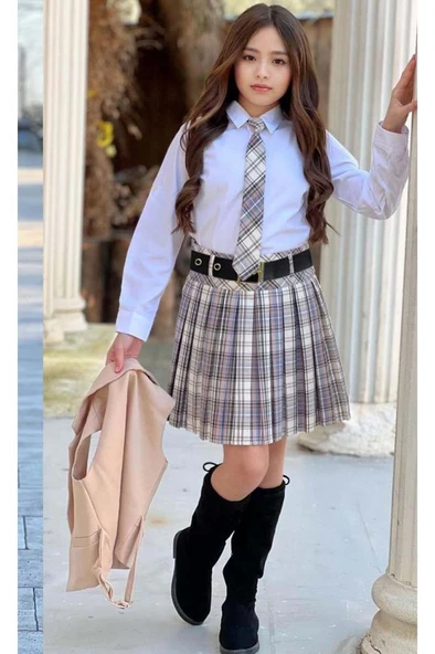 Kız Çocuk Gümüş Düğme Detaylı Krem Yelek Gabardin Gömlek Kravatlı Ekose Çizgili Etekli Takım - 4