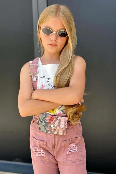 Kız Çocuk Kare Yaka Kolsuz Çiçek Baskılı T-shirt Yırtmaç Detaylı Gül Kurusu Jean Salopet Takım - 4