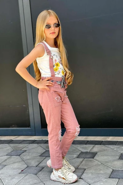 Kız Çocuk Kare Yaka Kolsuz Çiçek Baskılı T-shirt Yırtmaç Detaylı Gül Kurusu Jean Salopet Takım - 3