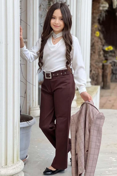 Kız Çocuk Yakası Açık Ve Taş Detaylı Bluz Ekose Çizgi Blazer Ceket Kemerli Kahverengi Alt Üst Takım - Resim 3