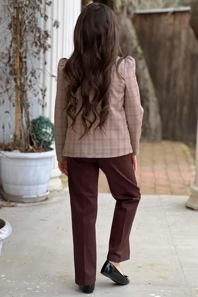 Kız Çocuk Yakası Açık Ve Taş Detaylı Bluz Ekose Çizgi Blazer Ceket Kemerli Kahverengi Alt Üst Takım - Resim 4