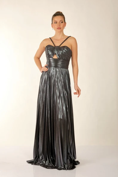 Alfa Beta İp Askılı Önden Yırtmaçlı Parlak Şifon Uzun Abiye Elbise - 7