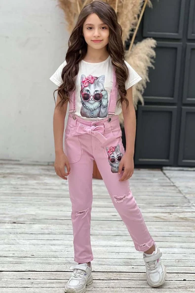 Kız Çocuk Üzeri Digital Baskılı T-shirt Yırtmaç ve Kedi Detaylı Pembe Jean Salopet Takım - 3