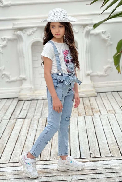 Kız Çocuk Üzeri Digital Baskılı T-shirt Yırtmaç ve Kedi Detaylı Mavi Jean Salopet Takım - 2