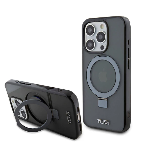 TUMI iPhone 15 Pro Kılıf TUMI Orjinal Lisanslı M-safe Şarj Özellikli PC TPU Metal Logolu Ring Standlı Kapak - Resim 2