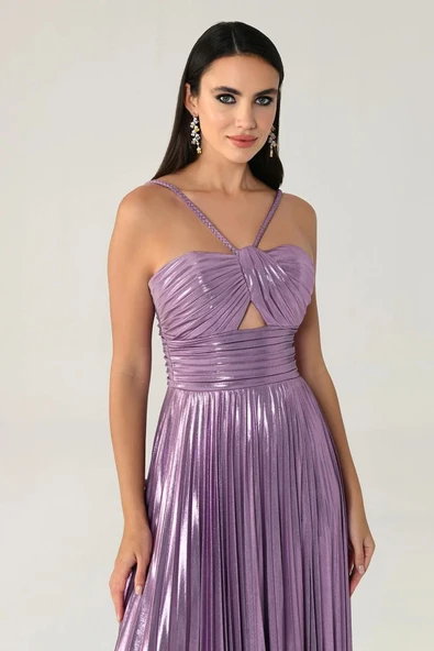 Alfa Beta İp Askılı Önden Yırtmaçlı Parlak Şifon Uzun Abiye Elbise - 3