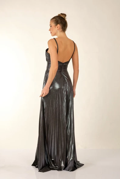 Alfa Beta İp Askılı Önden Yırtmaçlı Parlak Şifon Uzun Abiye Elbise - 12