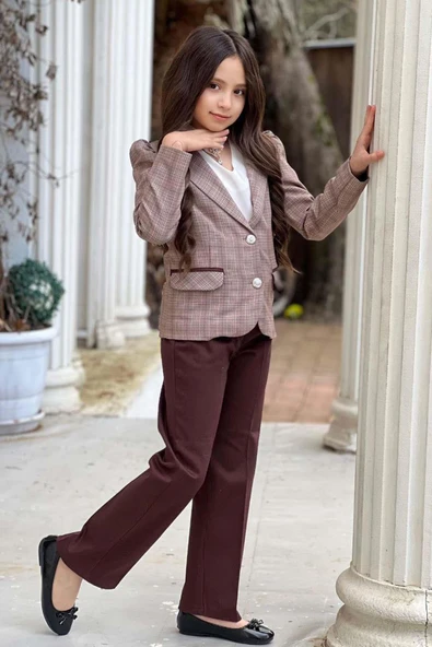 Kız Çocuk Yakası Açık Ve Taş Detaylı Bluz Ekose Çizgi Blazer Ceket Kemerli Kahverengi Alt Üst Takım ürün görseli