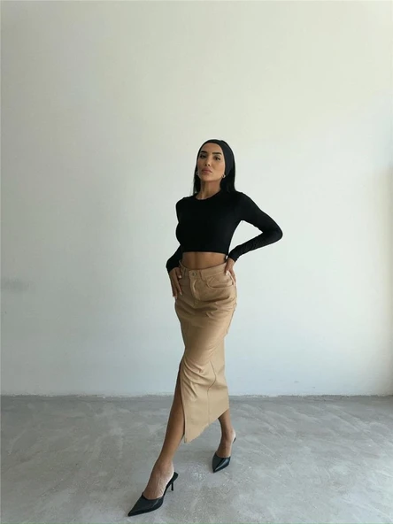 DERİ ETEK YIRTMAÇLI - Bej - 2