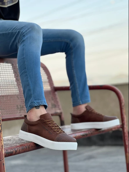 ET0104 Bağcıklı Taba Ekose Spor Klasik Erkek Ayakkabı