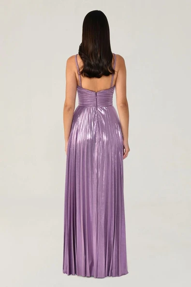 Alfa Beta İp Askılı Önden Yırtmaçlı Parlak Şifon Uzun Abiye Elbise - 4