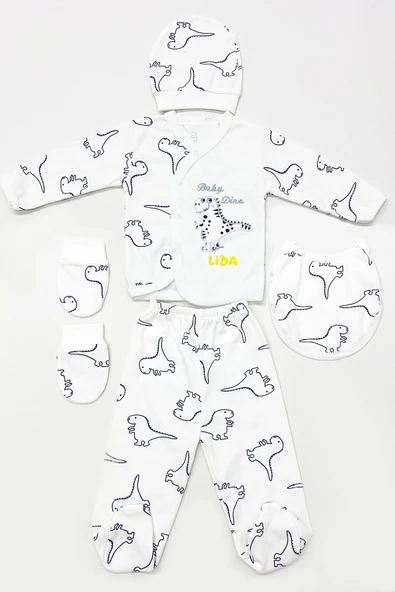 BEBEK HASTANE ÇIKIŞI 5 PARÇA BASKILI ŞAPKALI ELDİVENLİ ÖNLÜKLÜ E1 - 12