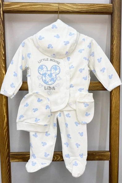 BEBEK HASTANE ÇIKIŞI 5 PARÇA BASKILI ŞAPKALI ELDİVENLİ ÖNLÜKLÜ E1 - 2