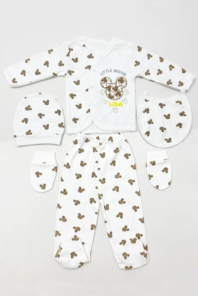 BEBEK HASTANE ÇIKIŞI 5 PARÇA BASKILI ŞAPKALI ELDİVENLİ ÖNLÜKLÜ E1 - 6