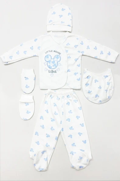 BEBEK HASTANE ÇIKIŞI 5 PARÇA BASKILI ŞAPKALI ELDİVENLİ ÖNLÜKLÜ E1 - 4