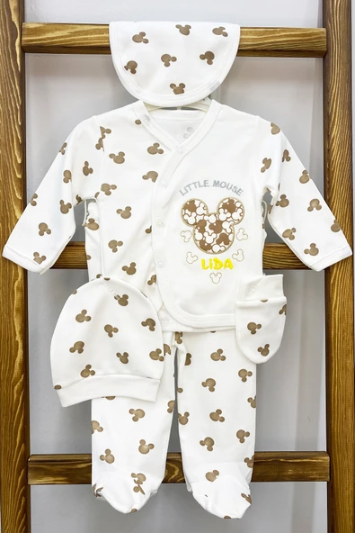 BEBEK HASTANE ÇIKIŞI 5 PARÇA BASKILI ŞAPKALI ELDİVENLİ ÖNLÜKLÜ E1 - 8