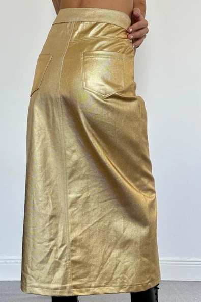 Altın Varaklı Gabardin Yırtmaçlı Etek - 3