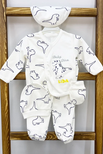 BEBEK HASTANE ÇIKIŞI 5 PARÇA BASKILI ŞAPKALI ELDİVENLİ ÖNLÜKLÜ E1 - 11