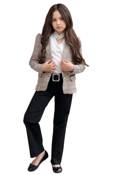 Kız Çocuk Yakası Açık Ve Taş Detaylı Bluz Ekose Çizgi Blazer Ceket Kemerli Siyah Alt Üst Takım - 5