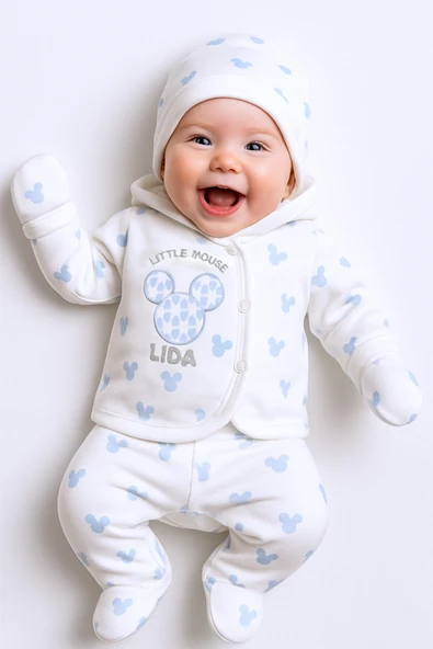 BEBEK HASTANE ÇIKIŞI 5 PARÇA BASKILI ŞAPKALI ELDİVENLİ ÖNLÜKLÜ E1