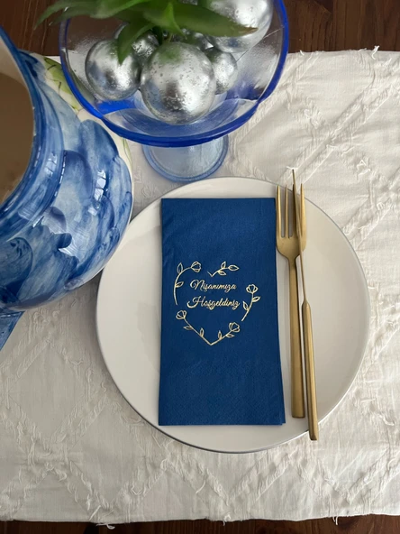 Gold Yaldızlı Bodrum Mavisi Nişanımıza Hoşgeldiniz Kalp Çelenk Peçete 16 Adet ürün görseli 1