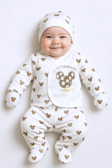 BEBEK HASTANE ÇIKIŞI 5 PARÇA BASKILI ŞAPKALI ELDİVENLİ ÖNLÜKLÜ E1 - 5