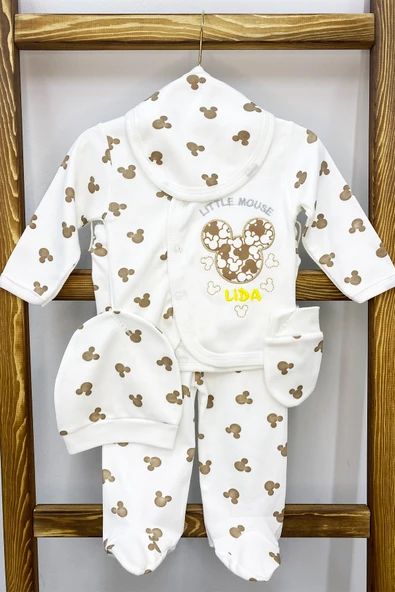 BEBEK HASTANE ÇIKIŞI 5 PARÇA BASKILI ŞAPKALI ELDİVENLİ ÖNLÜKLÜ E1 - 7