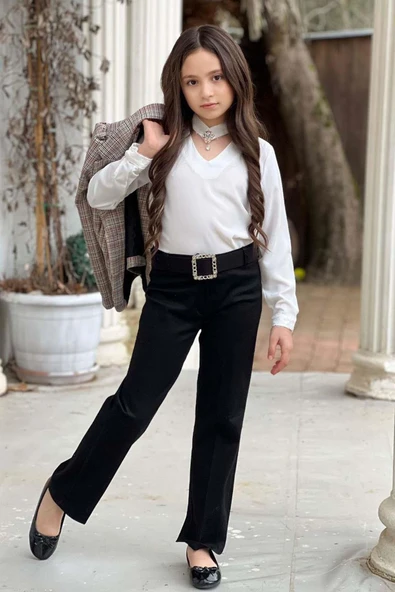 Kız Çocuk Yakası Açık Ve Taş Detaylı Bluz Ekose Çizgi Blazer Ceket Kemerli Siyah Alt Üst Takım - 11