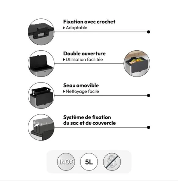 5five Simply Smart Dolap İçi Compact 5LT. Çöp Kovası Çelik - 5