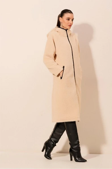 9132 Kapüşonlu Peluş Kaban - Krem - 4