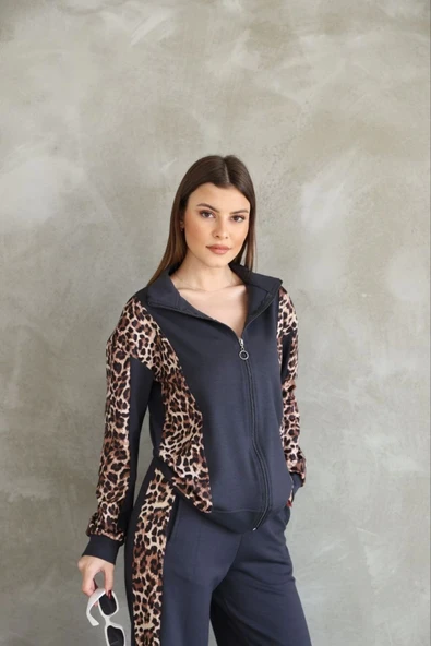 Osy Modal Yumuşak Dokulu Kumaş  Kapüşonlu Leopar Desenli Fermuarlı Takım - Antrasit - 3
