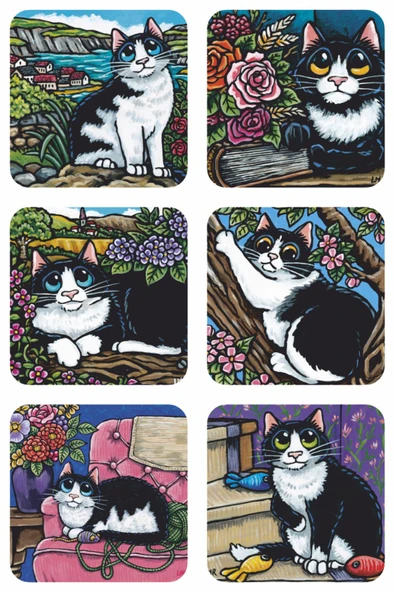 çiçekler ağaçlar renkli sevimli kedi mutfak dekor 6lı ahşap bardak altlığı seti